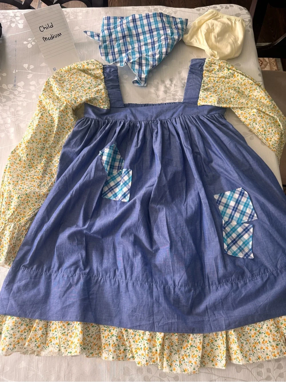 Weissman Blue Pinafore Apron Style Costume with Yellow Floral Sleeves